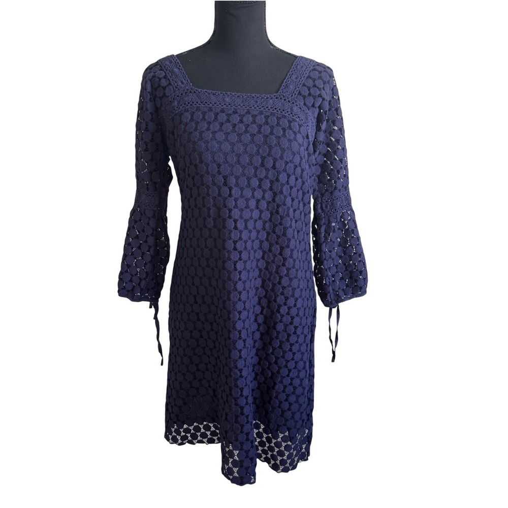 Solitaire Womens Blue Crochet Lace Bell Sleeve Mini Dress Size M Coastal Preppy